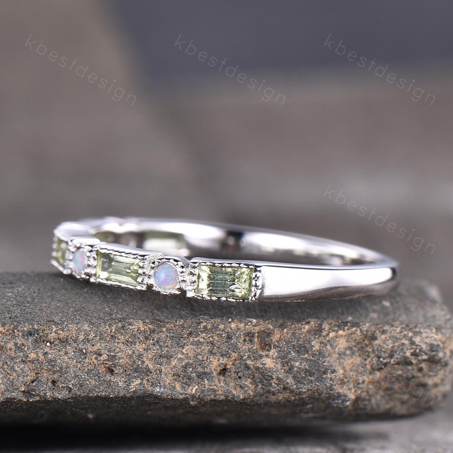 Peridot Opal Wedding Band Women Silver Stacking Band Half Eternity Baguette Band Unique Stacking Ring Matching Band Anniversary Ring Gift