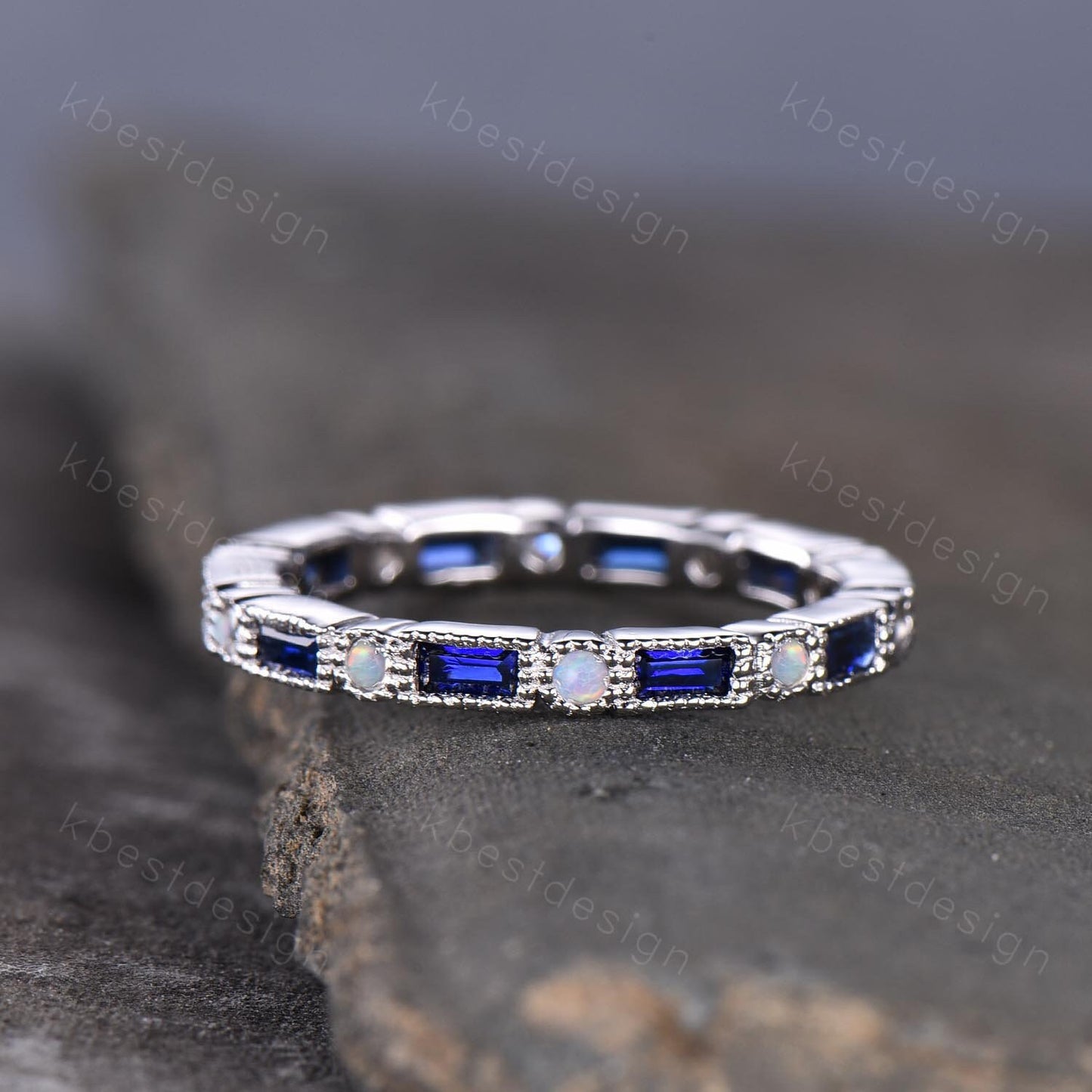 Eternity Band, Blue Sapphire Wedding Band, Sterling Silver Ring, Sapphire Opal Ring, September Birthstone Ring, Vintage Stacking Band