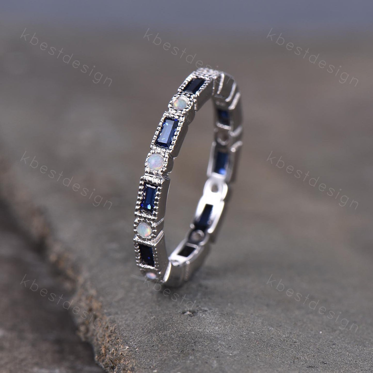 Eternity Band, Blue Sapphire Wedding Band, Sterling Silver Ring, Sapphire Opal Ring, September Birthstone Ring, Vintage Stacking Band