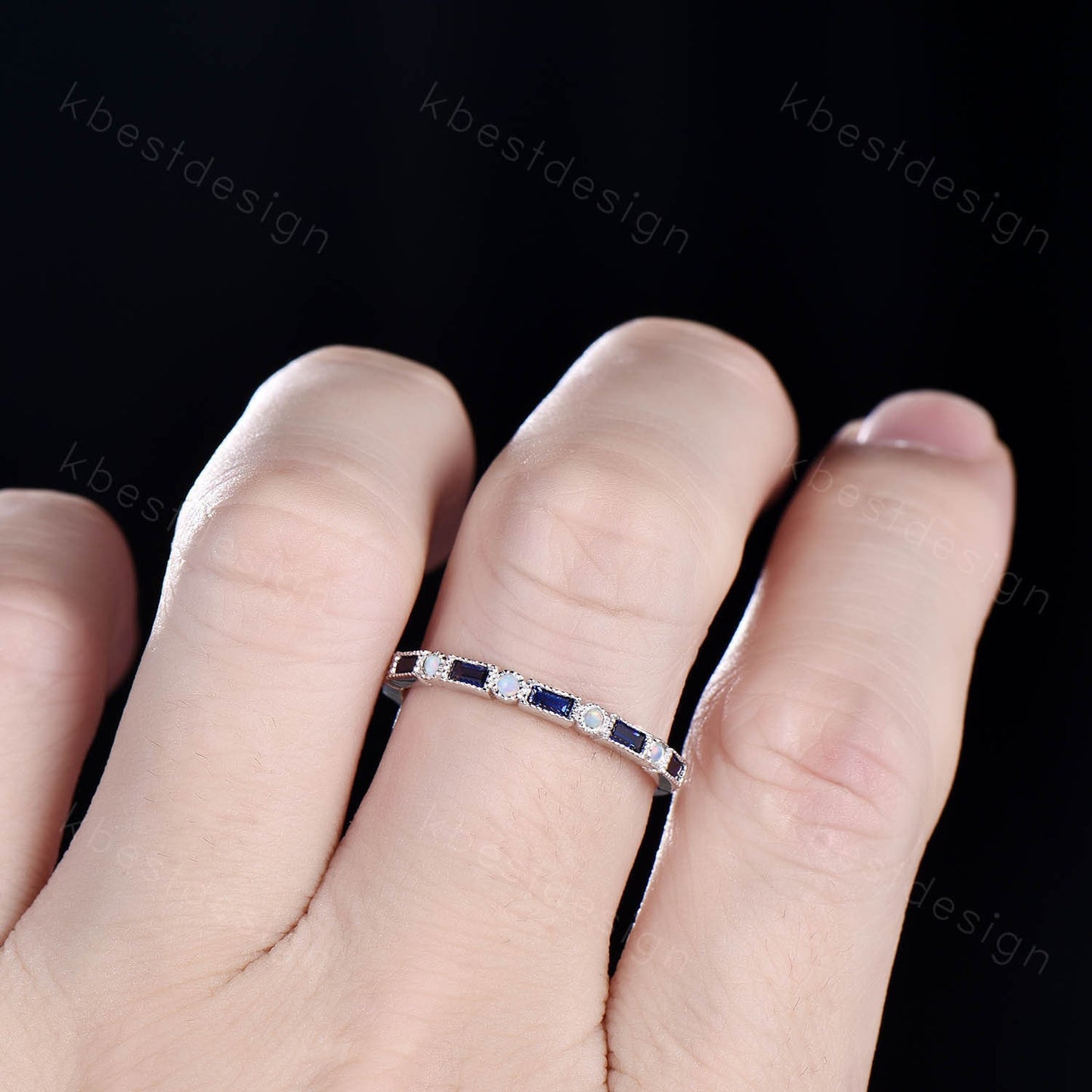 Vintage Sapphire Opal Wedding Band Baguette cut solid gold wedding ring Unique Stacking ring matching ring Bridal ring Anniversary band ring