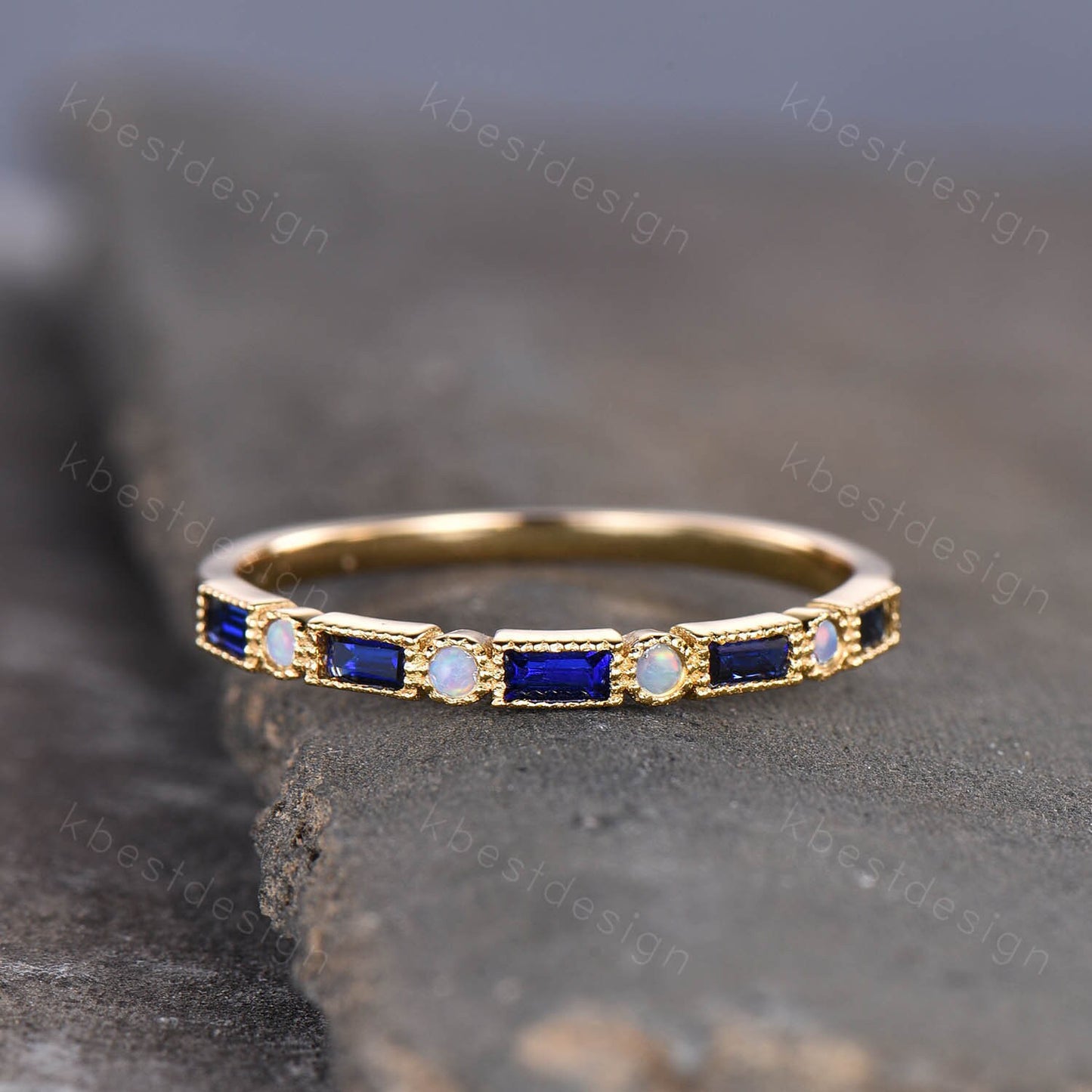 Vintage Sapphire Opal Wedding Band Baguette cut solid gold wedding ring Unique Stacking ring matching ring Bridal ring Anniversary band ring
