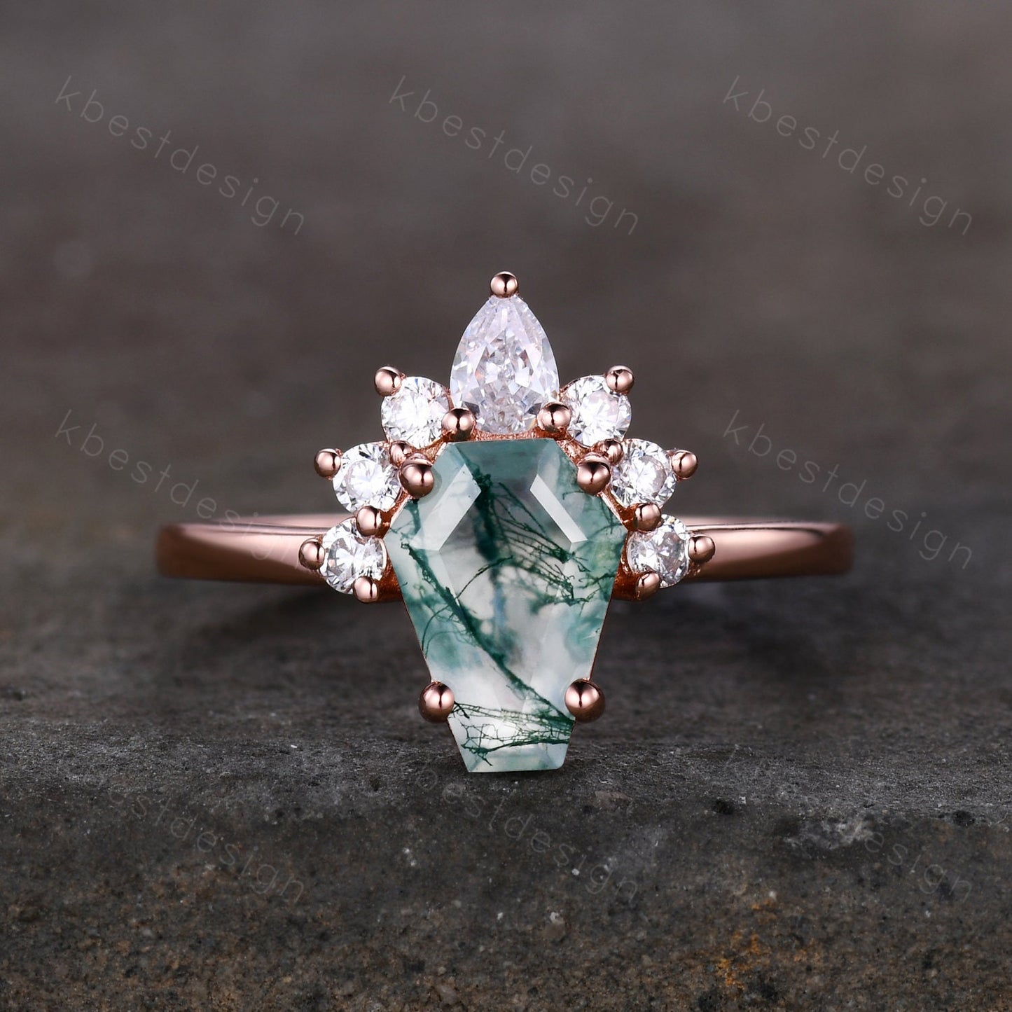 Vintage Moss Agate engagement ring Rose gold Coffin shaped Ring Unique pear moissanite ring Art deco prong set anniversary ring Women Gift