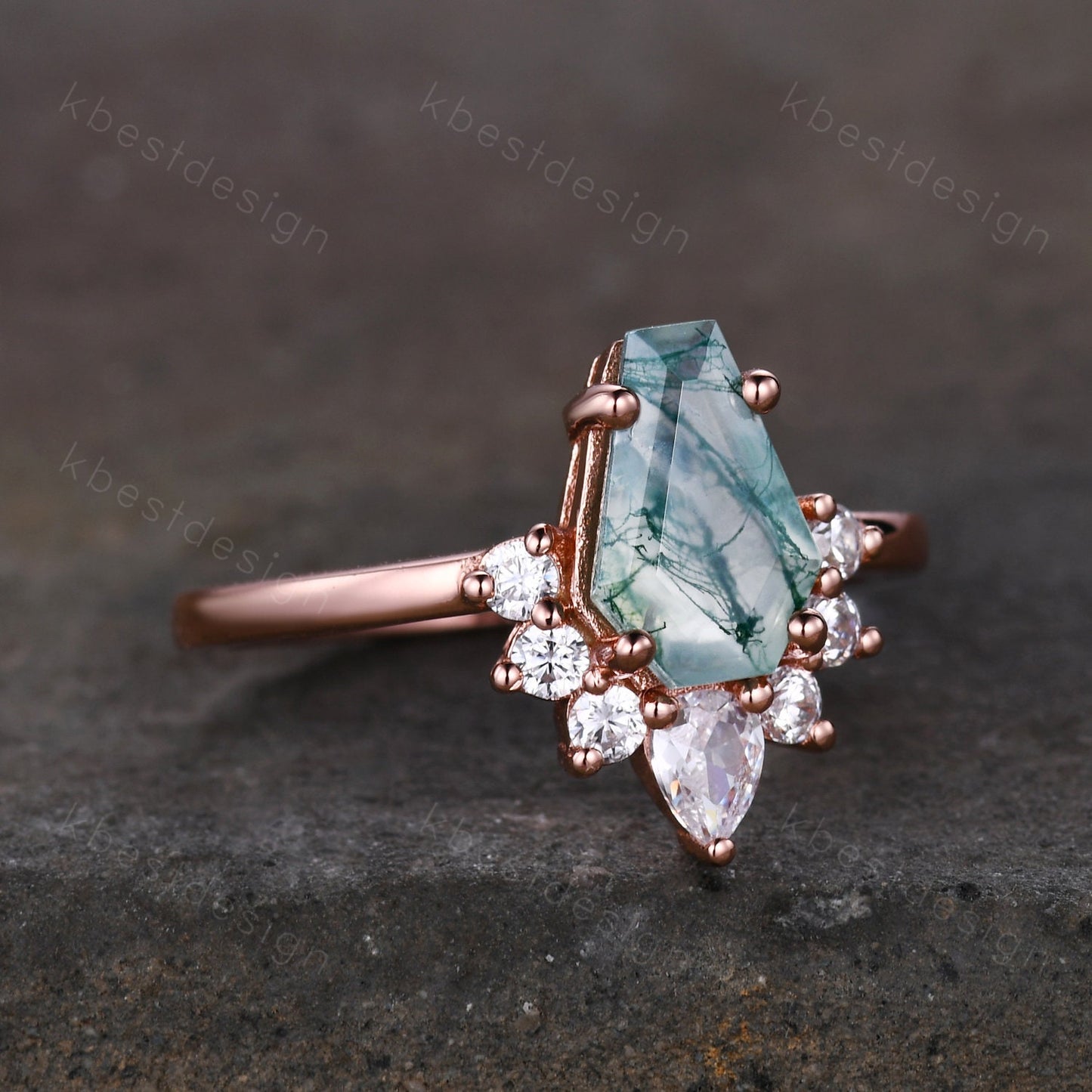 Vintage Moss Agate engagement ring Rose gold Coffin shaped Ring Unique pear moissanite ring Art deco prong set anniversary ring Women Gift