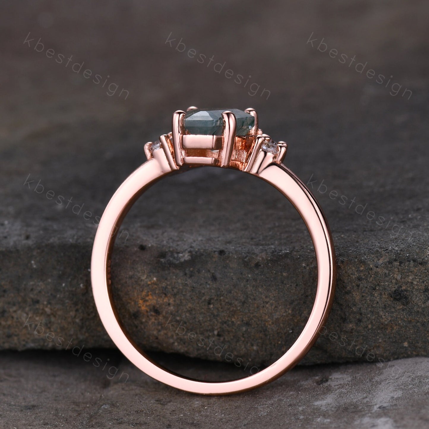 Vintage Moss Agate engagement ring Rose gold Coffin shaped Ring Unique pear moissanite ring Art deco prong set anniversary ring Women Gift