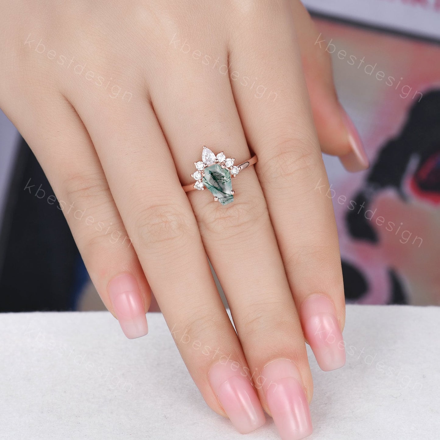 Vintage Moss Agate engagement ring Rose gold Coffin shaped Ring Unique pear moissanite ring Art deco prong set anniversary ring Women Gift
