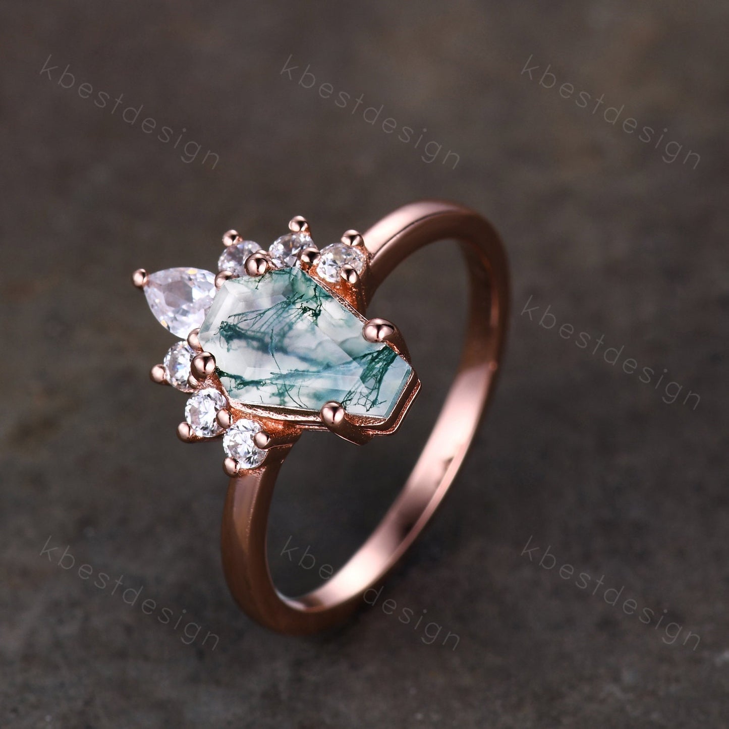 Vintage Moss Agate engagement ring Rose gold Coffin shaped Ring Unique pear moissanite ring Art deco prong set anniversary ring Women Gift