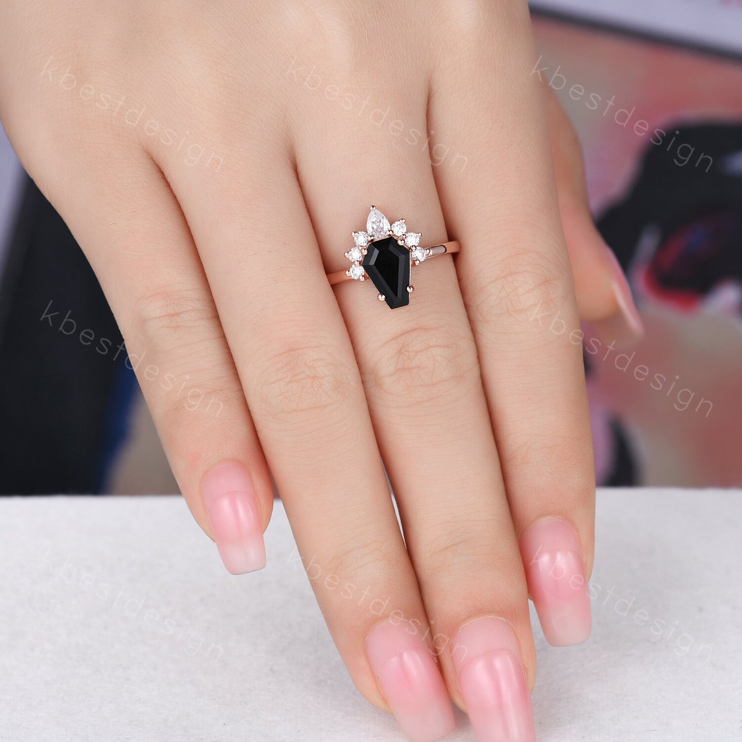 Black Onyx Engagement Ring Rose Gold Pear Moissanite ring Vintage coffin shaped ring Solitaire engagement ring Promise anniversary ring