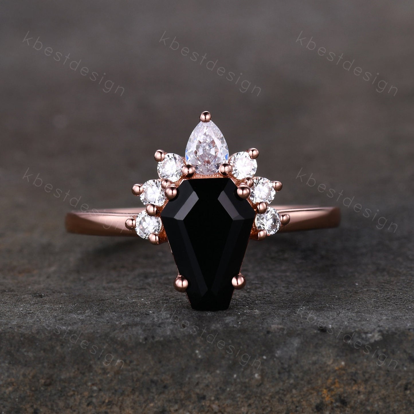 Black Onyx Engagement Ring Rose Gold Pear Moissanite ring Vintage coffin shaped ring Solitaire engagement ring Promise anniversary ring