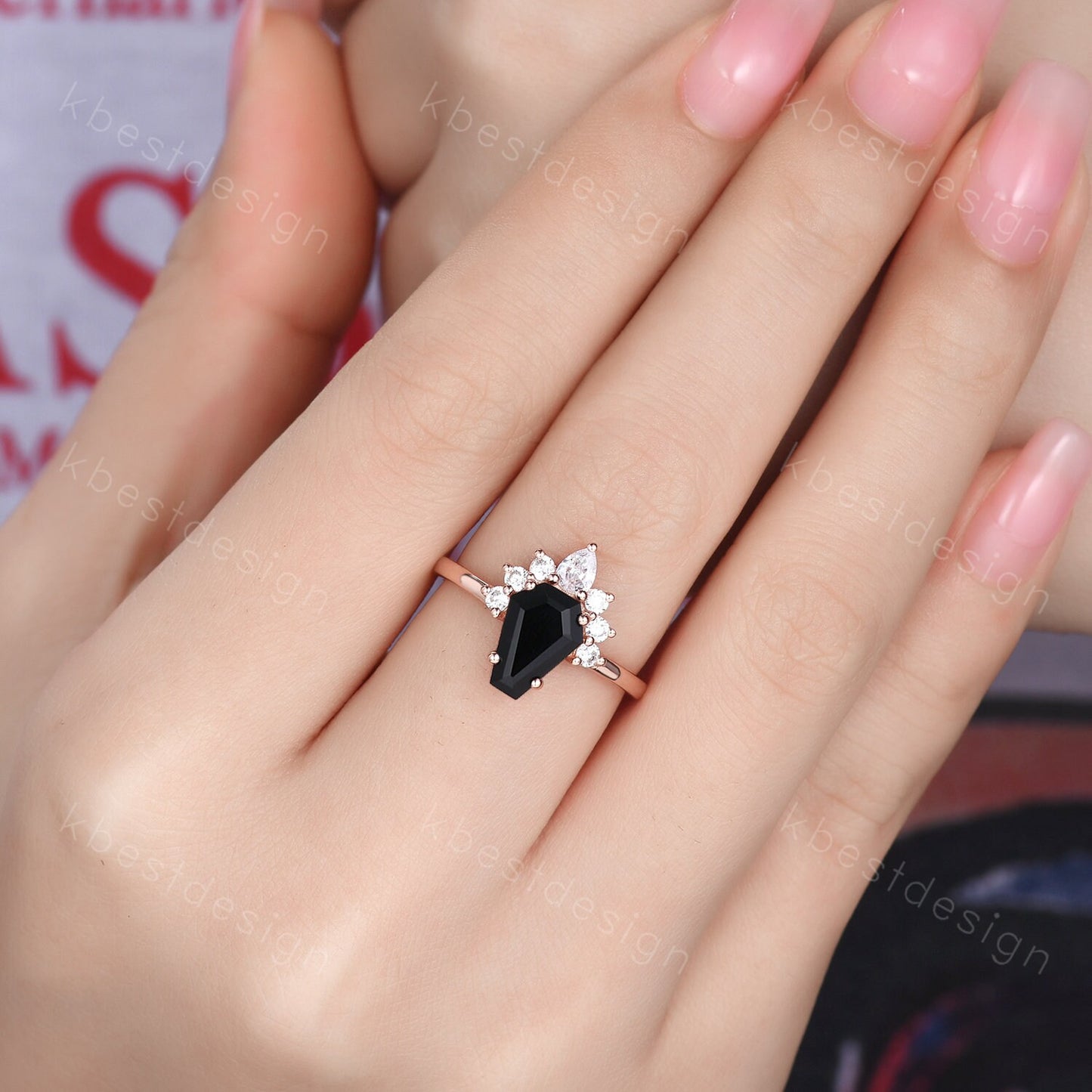 Black Onyx Engagement Ring Rose Gold Pear Moissanite ring Vintage coffin shaped ring Solitaire engagement ring Promise anniversary ring