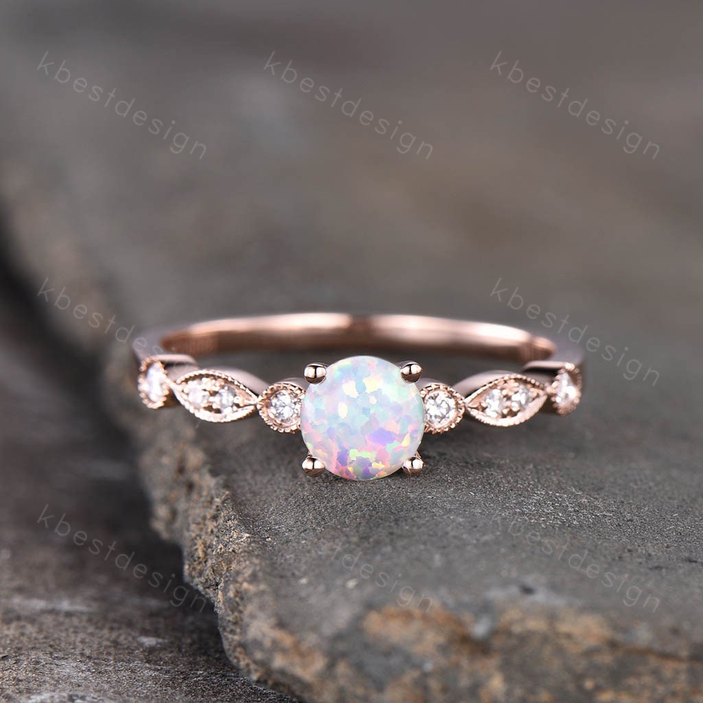 14K Rose Gold Opal Ring Round Cut White Opal Engagement Ring Unique Art Deco Moissanite Wedding Ring Delicate Ring Bridal Promise Ring