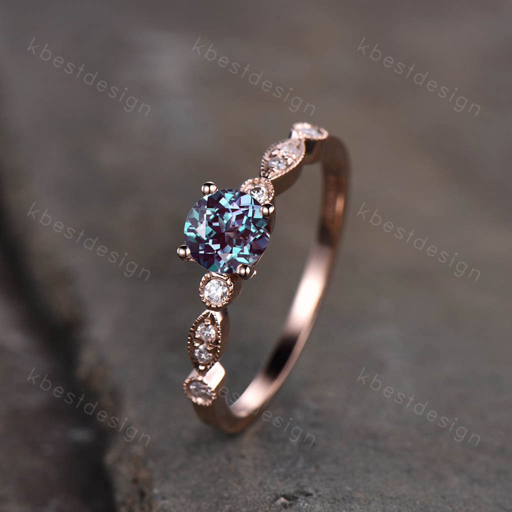Vintage Alexandrite engagement ring, 14K Rose Gold Ring, Round cut Bridal Ring, Unique Moissanite Ring, Art deco Prong set ring