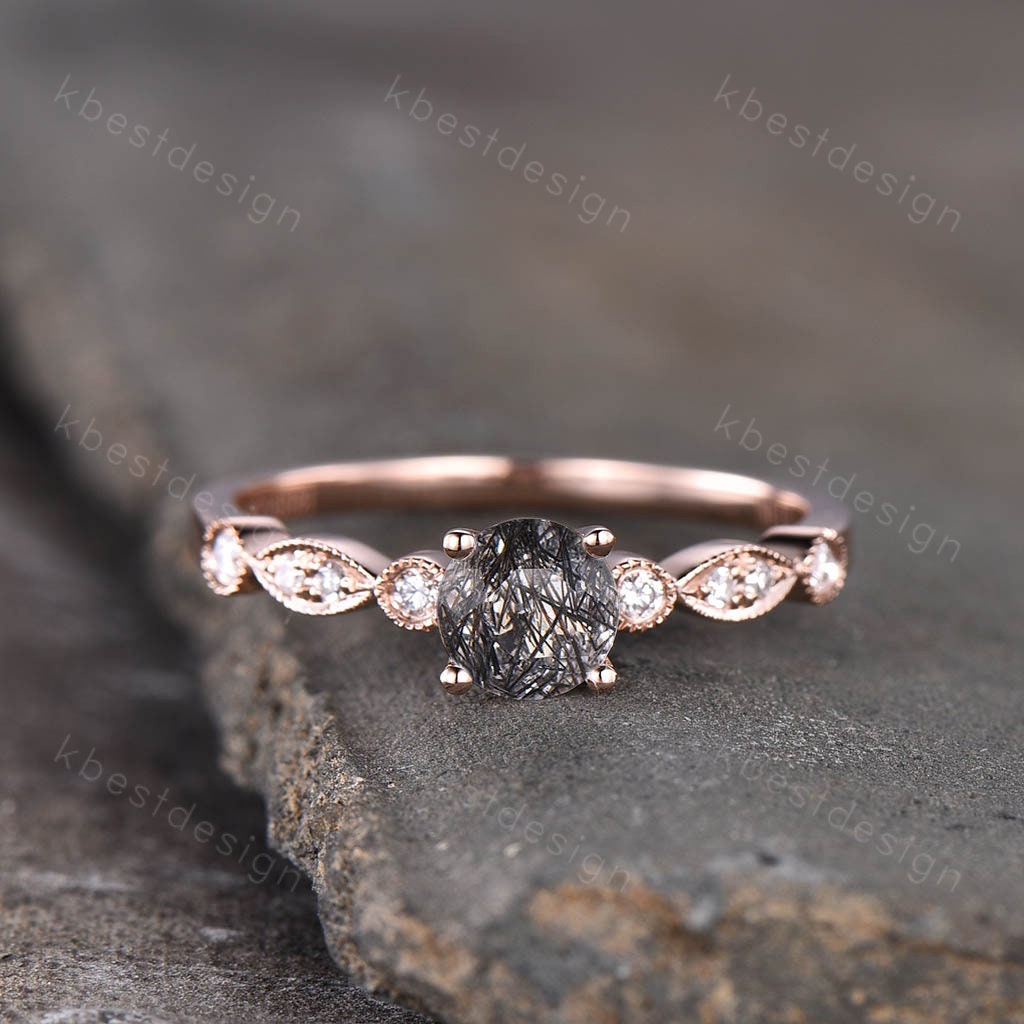 Vintage Alexandrite engagement ring, 14K Rose Gold Ring, Round cut Bridal Ring, Unique Moissanite Ring, Art deco Prong set ring