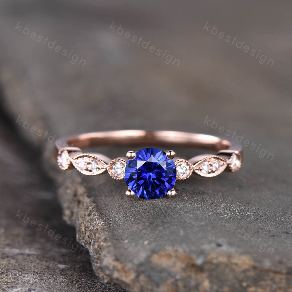Vintage Alexandrite engagement ring, 14K Rose Gold Ring, Round cut Bridal Ring, Unique Moissanite Ring, Art deco Prong set ring