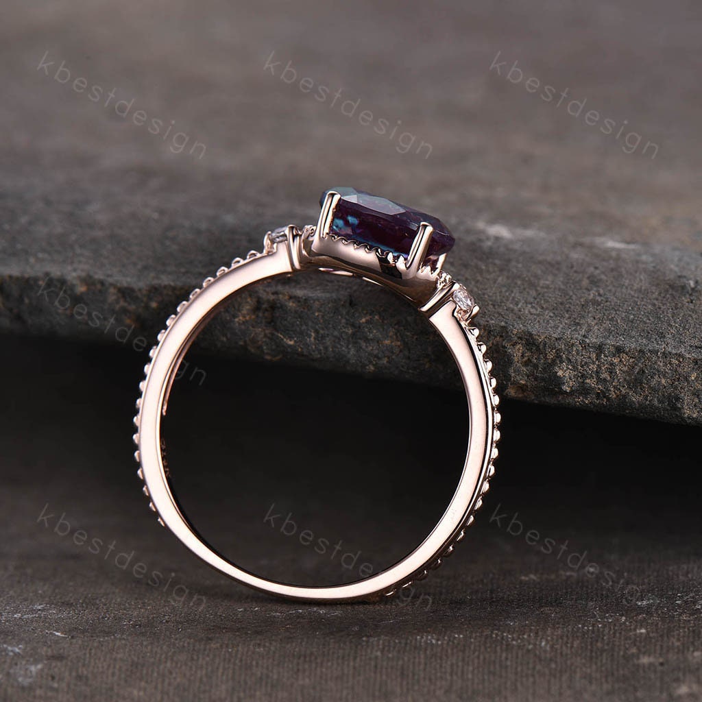 Oval Alexandrite Engagement Ring Unique Art Deco Milgrain Ring Women Rose Gold Ring Vintage Bridal Promise Ring June Birthstone Ring