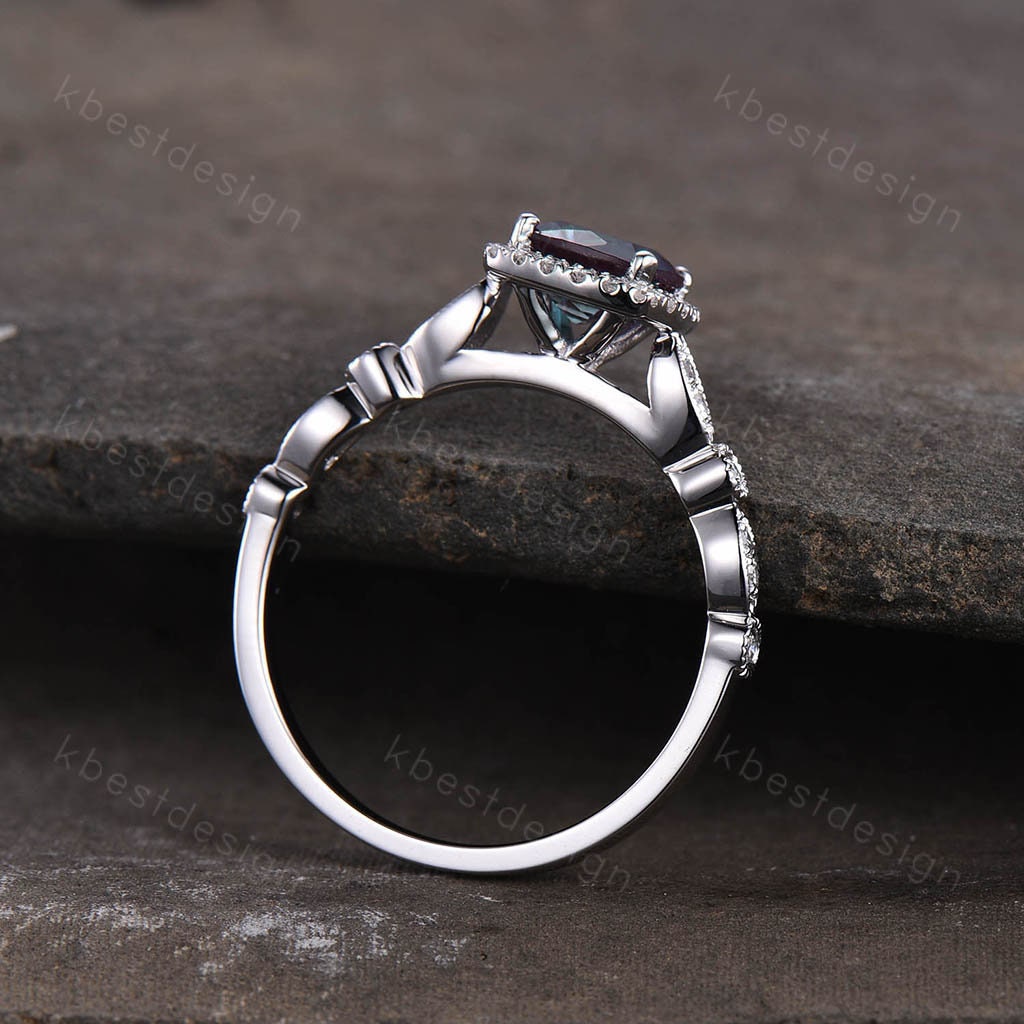 Art Deco Alexandrite Engagement Ring Cushion cut Ring Dainty Women Silver Wedding Ring Moissanite Halo Ring Promise Ring Anniversary Gift