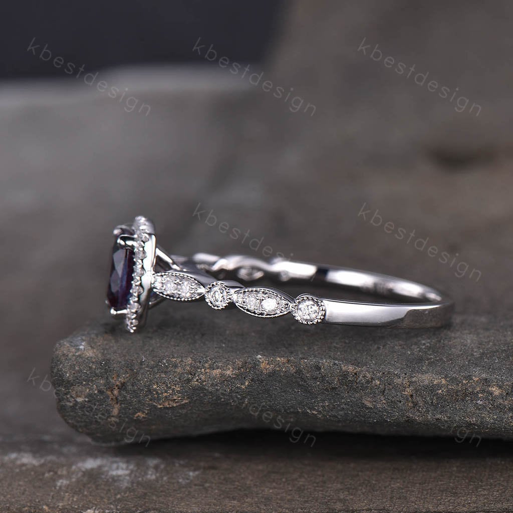 Art Deco Alexandrite Engagement Ring Cushion cut Ring Dainty Women Silver Wedding Ring Moissanite Halo Ring Promise Ring Anniversary Gift