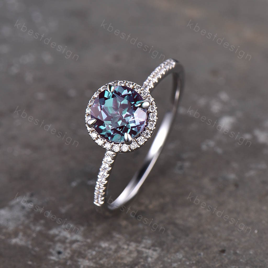 Alexandrite engagement ring Round cut white gold promise ring Vintage Moissanite ring Art Deco Bridal Wedding ring Anniversary gift