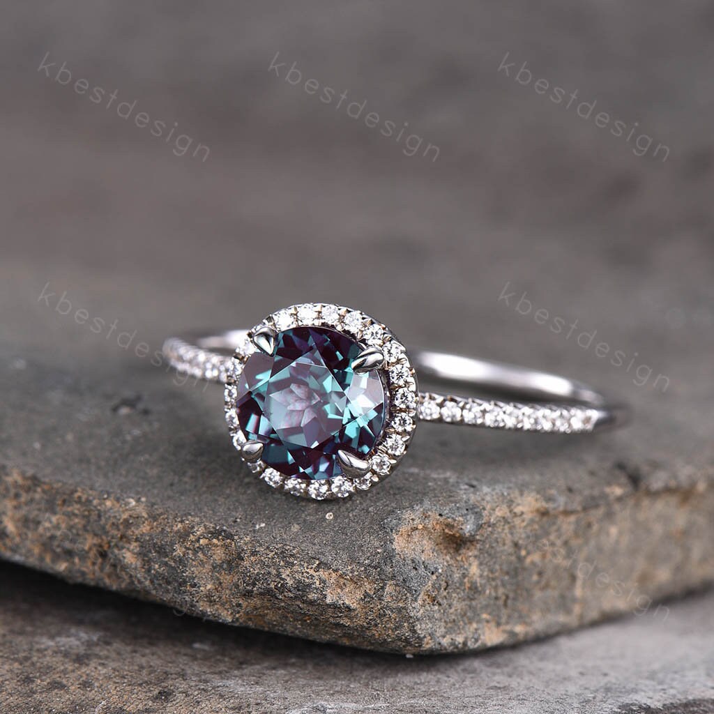 Alexandrite engagement ring Round cut white gold promise ring Vintage Moissanite ring Art Deco Bridal Wedding ring Anniversary gift