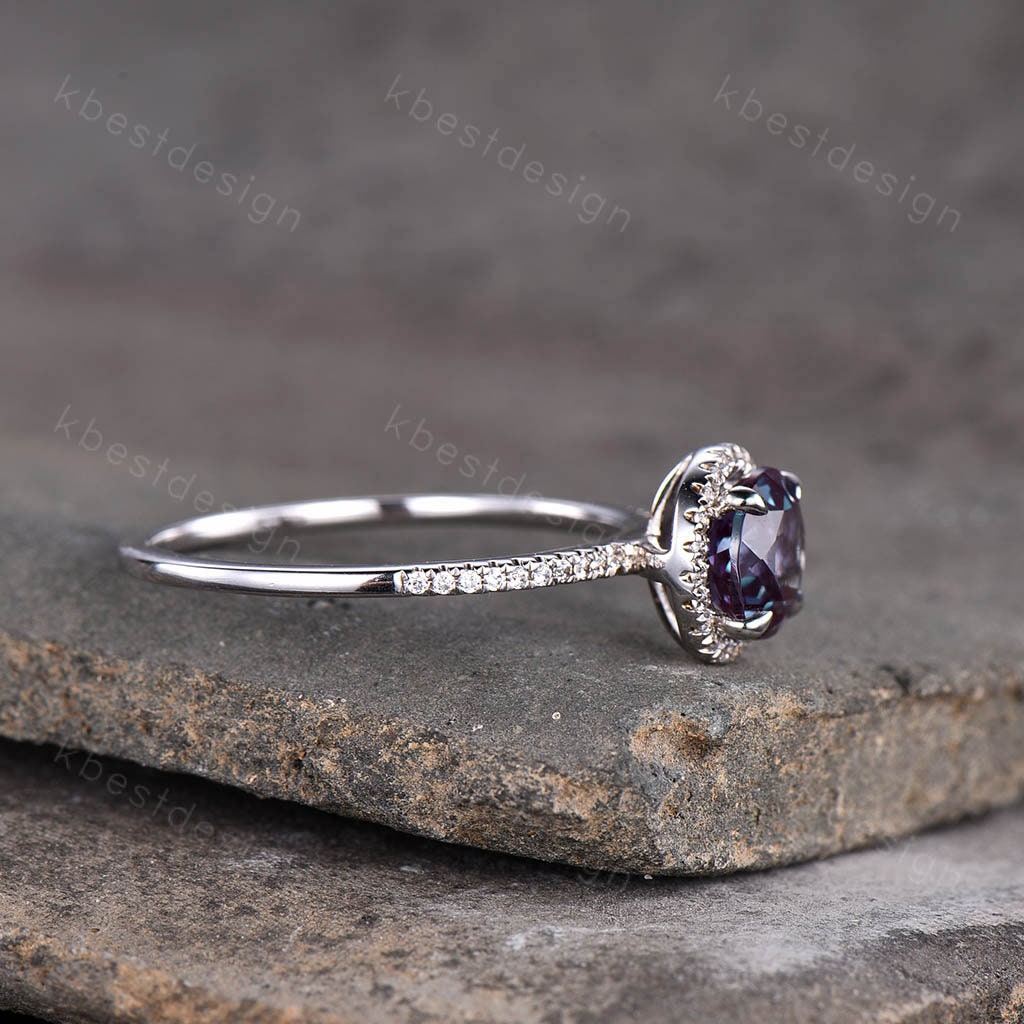 Alexandrite engagement ring Round cut white gold promise ring Vintage Moissanite ring Art Deco Bridal Wedding ring Anniversary gift