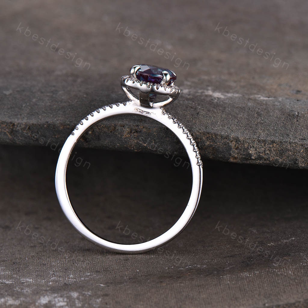 Alexandrite engagement ring Round cut white gold promise ring Vintage Moissanite ring Art Deco Bridal Wedding ring Anniversary gift