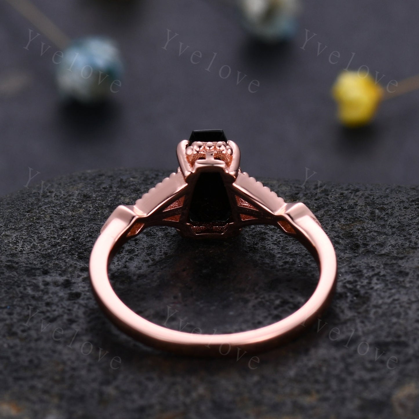 Vintage Coffin black onyx ring set diamond wedding ring Unique black onyx engagement ring women rose gold diamond matching band promise ring