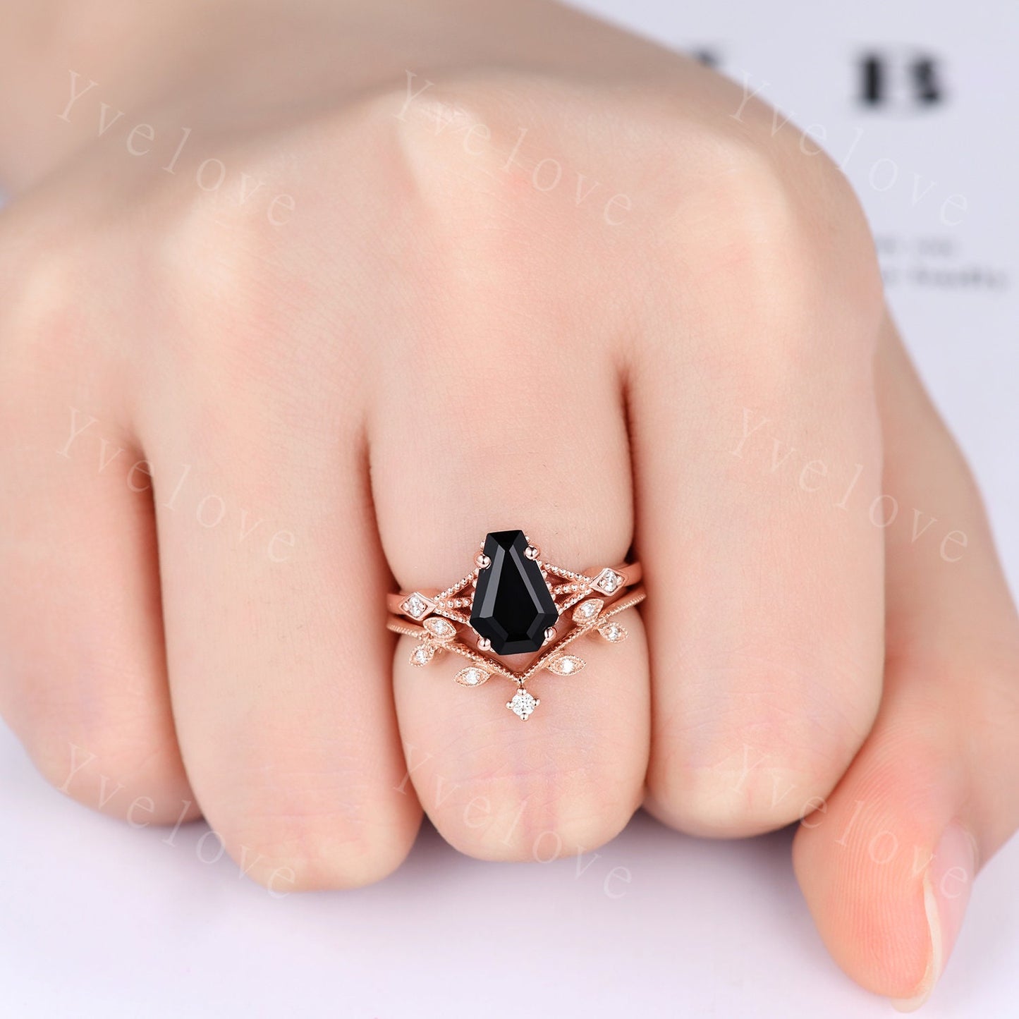 Vintage Coffin black onyx ring diamond wedding ring Unique black onyx engagement ring women rose gold diamond matching band bridal ring gift