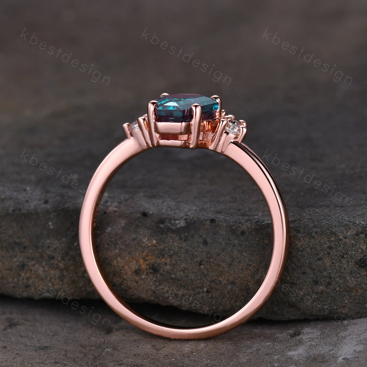 Coffin Alexandrite Engagement Ring Vintage 14K Rose Gold Ring Art Deco Unique Moissanite Bridal Anniversary Promise Ring June Birthstone