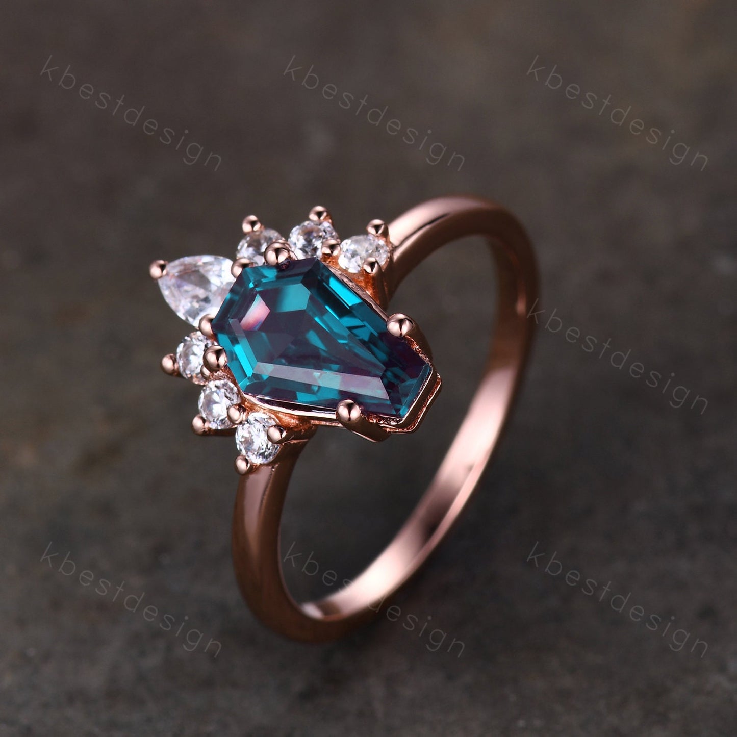 Coffin Alexandrite Engagement Ring Vintage 14K Rose Gold Ring Art Deco Unique Moissanite Bridal Anniversary Promise Ring June Birthstone