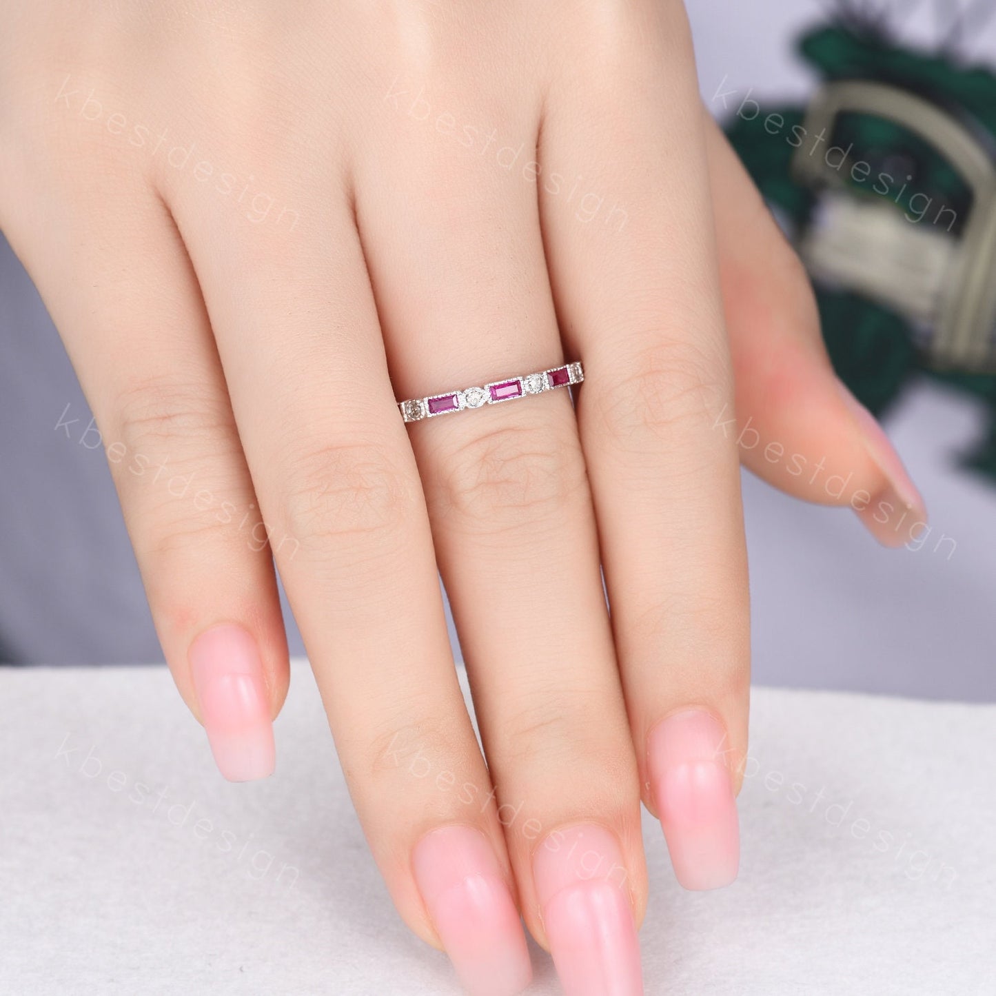 Vintage Ruby Wedding Band Women White Gold Wedding Band Salt and Pepper Diamond Ring Art Deco Stacking Band Anniversary Gift for Her