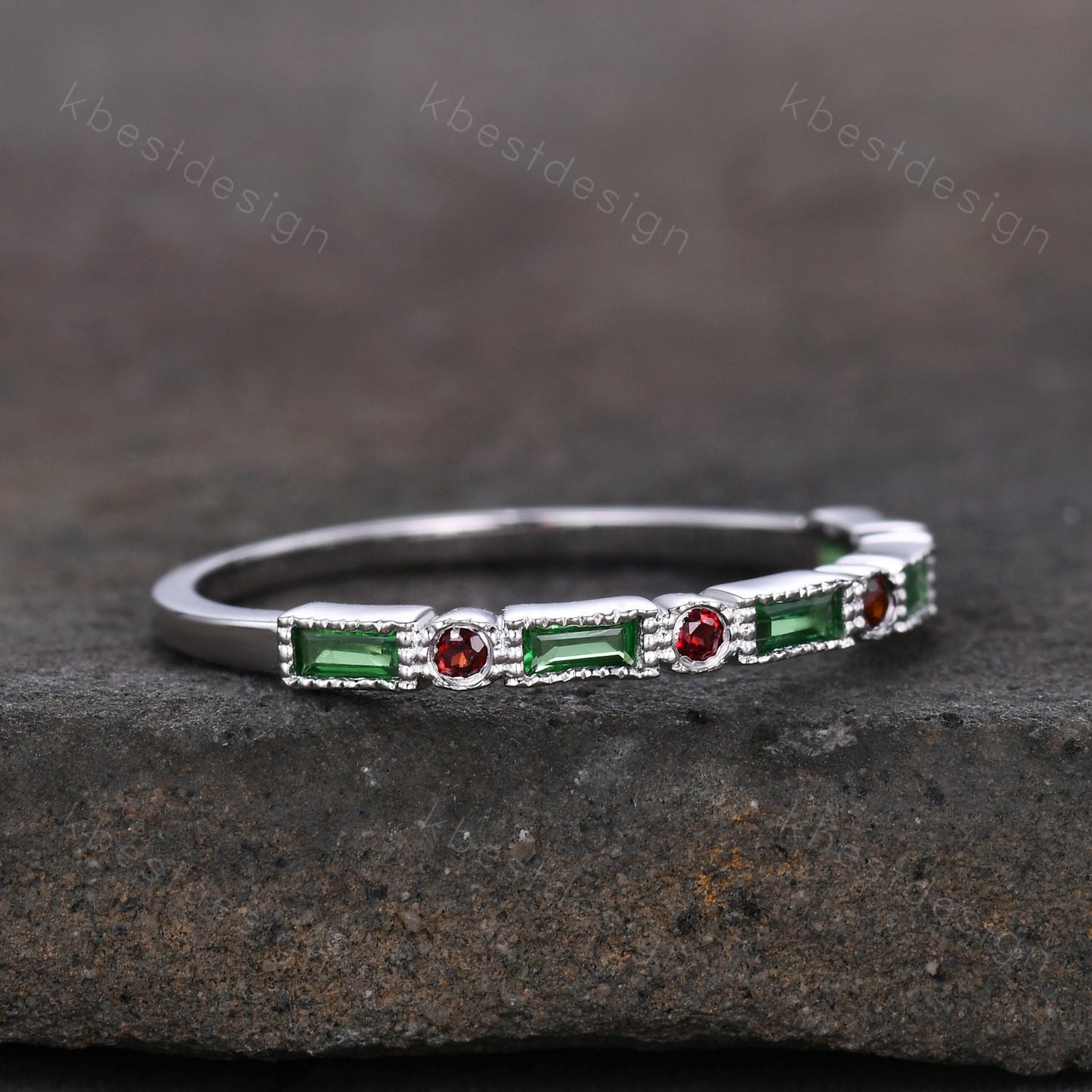 Emerald Wedding Band Half Eternity Band Emerald Garnet Band Art Deco Stacking Wedding Ring Anniversary Ring White Gold Ring Milgrain
