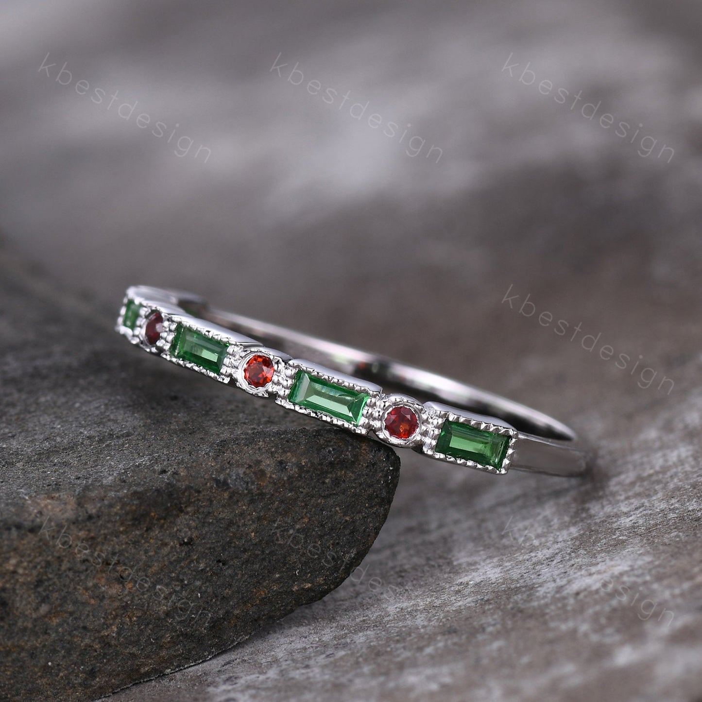 Emerald Wedding Band Half Eternity Band Emerald Garnet Band Art Deco Stacking Wedding Ring Anniversary Ring White Gold Ring Milgrain