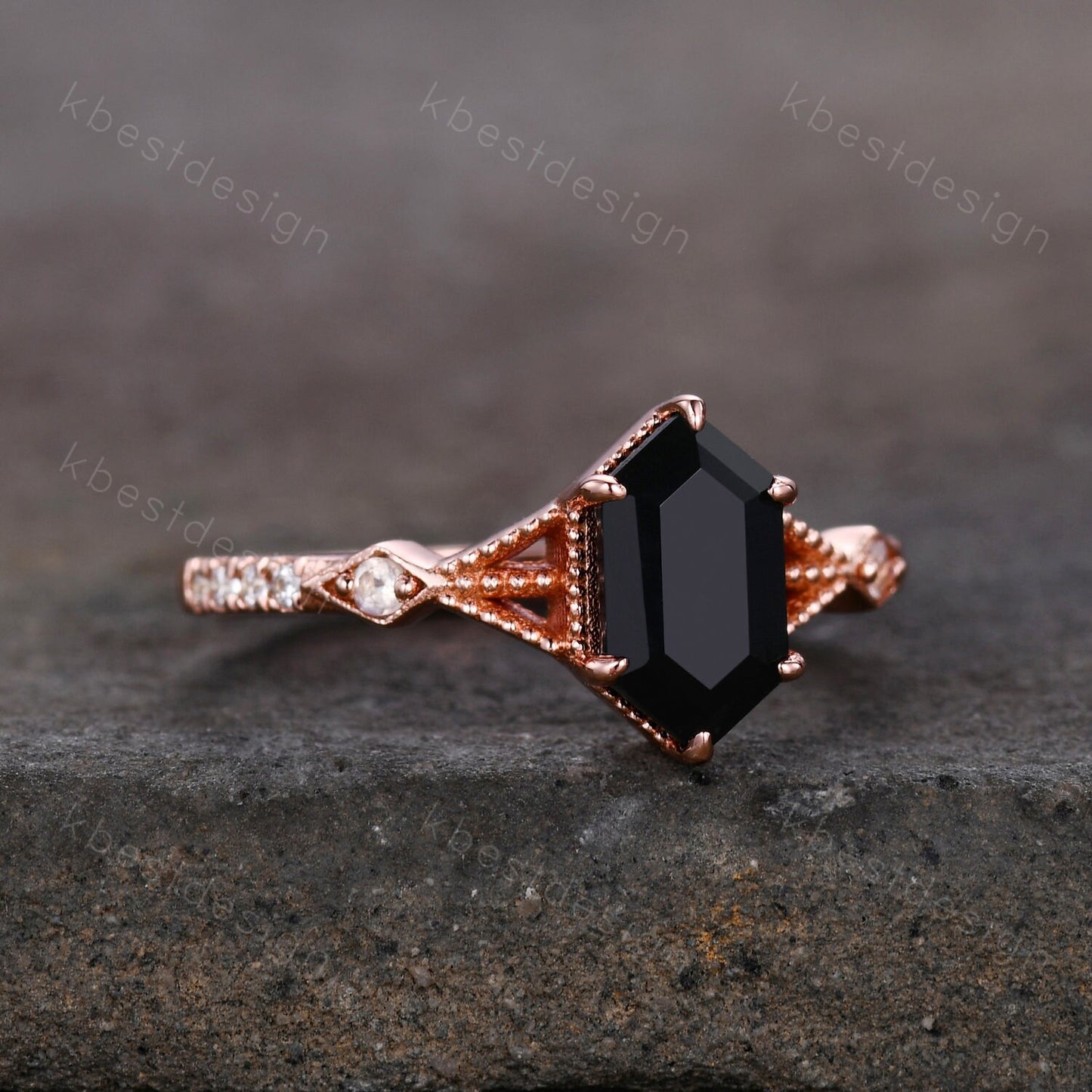 Elongated Hexagon cut Black Onyx Ring Vintage Rose Gold Ring Unique Black Stone Engagement Ring Promise Ring Anniversary Ring Gift For Her