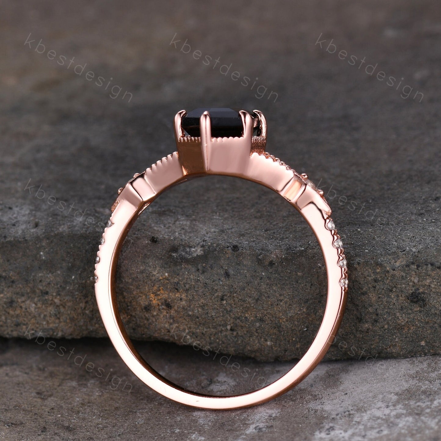 Elongated Hexagon cut Black Onyx Ring Vintage Rose Gold Ring Unique Black Stone Engagement Ring Promise Ring Anniversary Ring Gift For Her