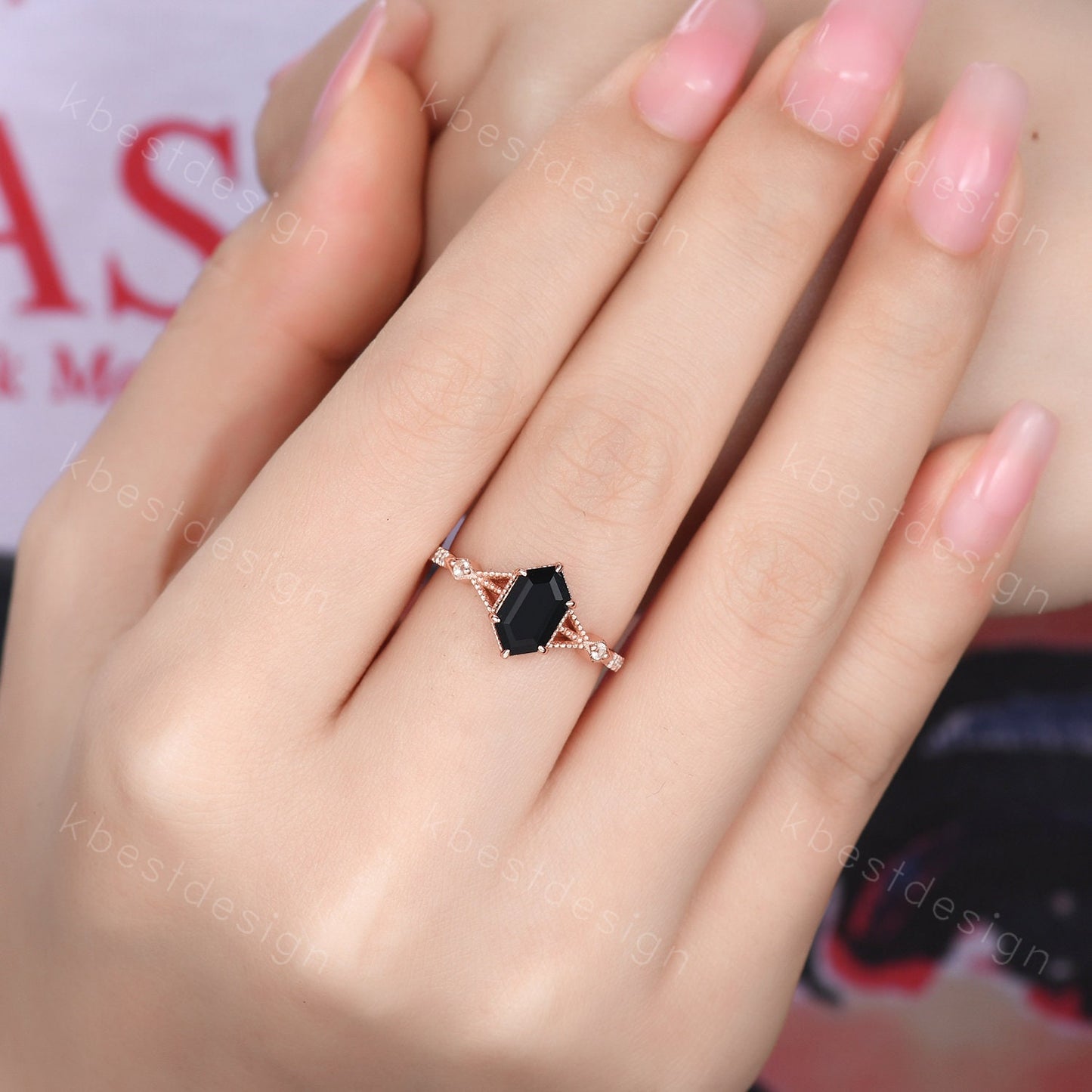 Elongated Hexagon cut Black Onyx Ring Vintage Rose Gold Ring Unique Black Stone Engagement Ring Promise Ring Anniversary Ring Gift For Her
