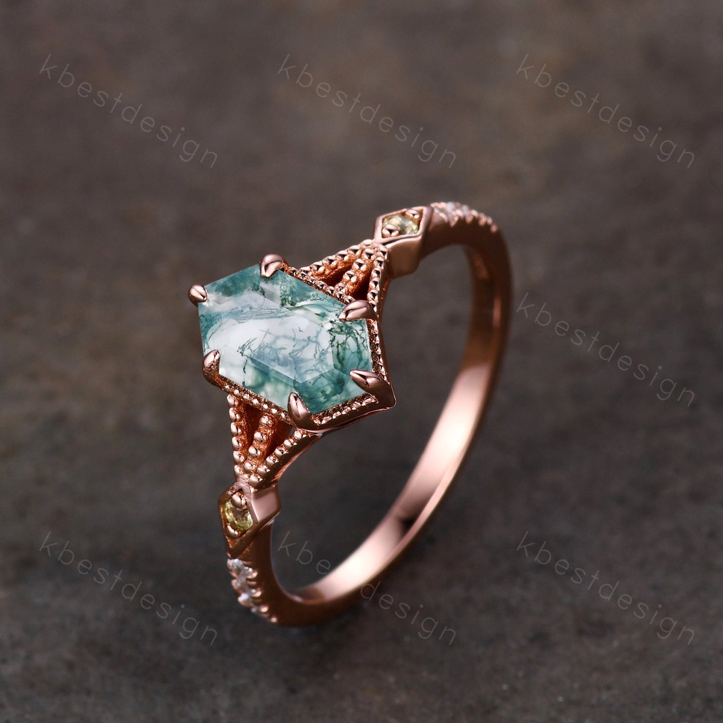 Vintage Long Hexagon Cut Moss Agate Ring Women's Ring Antique Rose Gold Green Agate Engagement Ring Peridot Ring Unique Bridal Promise Ring