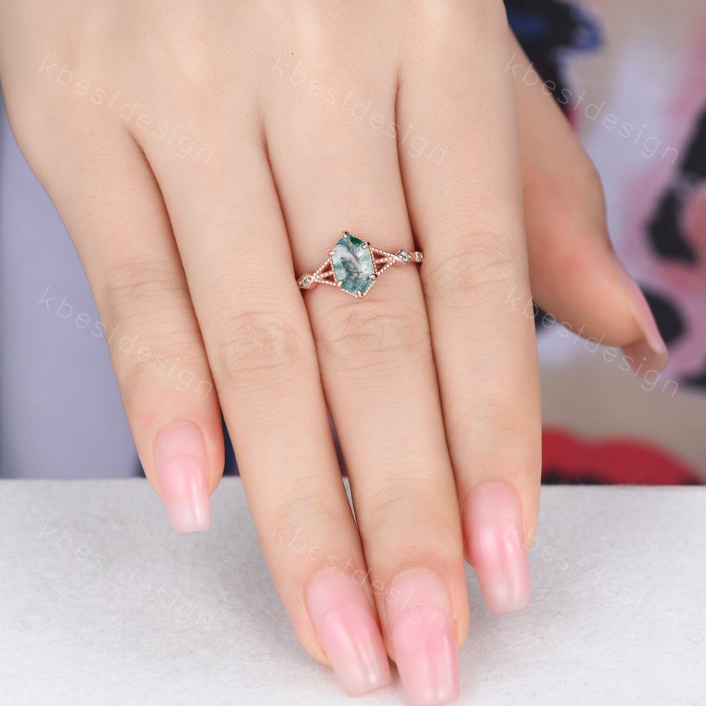 Vintage Long Hexagon Cut Moss Agate Ring Women's Ring Antique Rose Gold Green Agate Engagement Ring Peridot Ring Unique Bridal Promise Ring
