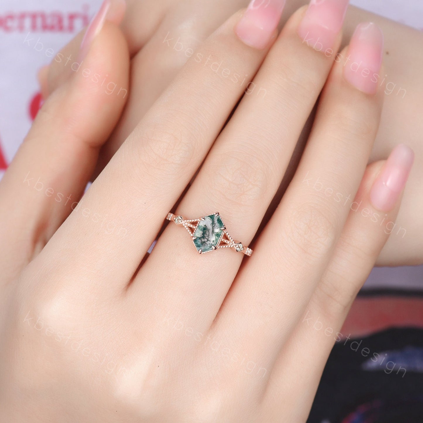 Vintage Long Hexagon Cut Moss Agate Ring Women's Ring Antique Rose Gold Green Agate Engagement Ring Peridot Ring Unique Bridal Promise Ring