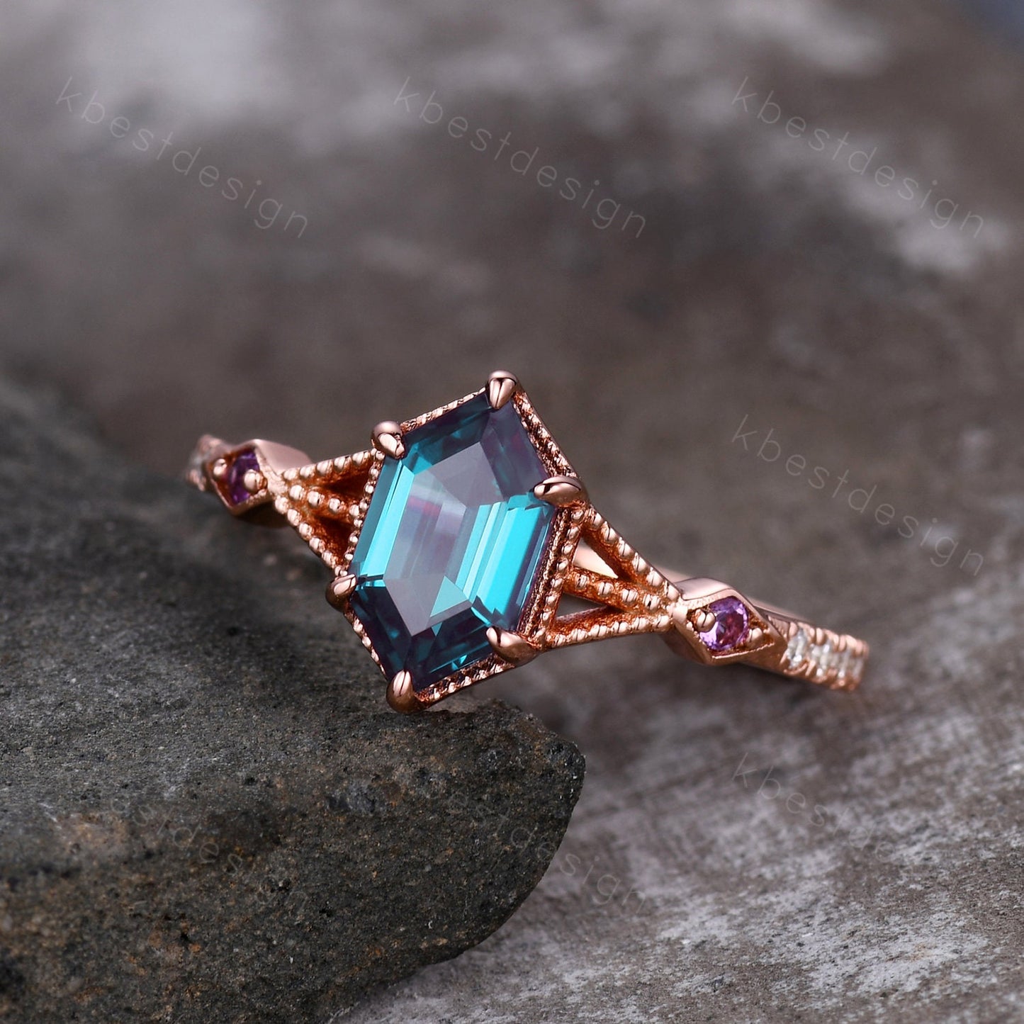 Vintage Alexandrite Engagement Ring Rose Gold ring Antique Hexagon cut Bridal ring Art deco Wedding Ring Milgrain Anniversary Promise Ring