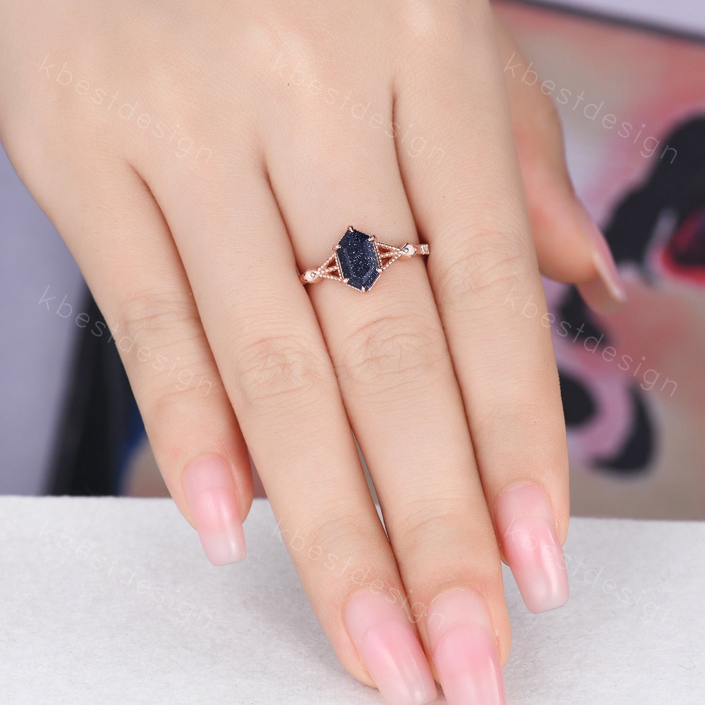 Vintage Blue Sandstone Engagement Ring Rose Gold Antique Hexagon cut ring Bridal Opal Art deco Wedding Ring Anniversary ring