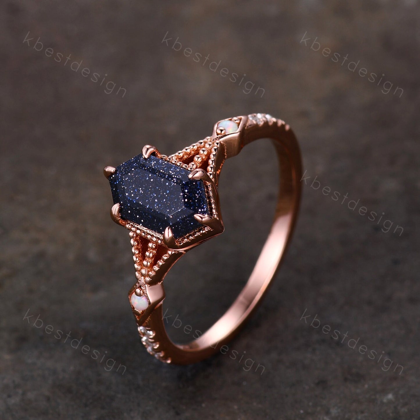 Vintage Blue Sandstone Engagement Ring Rose Gold Antique Hexagon cut ring Bridal Opal Art deco Wedding Ring Anniversary ring