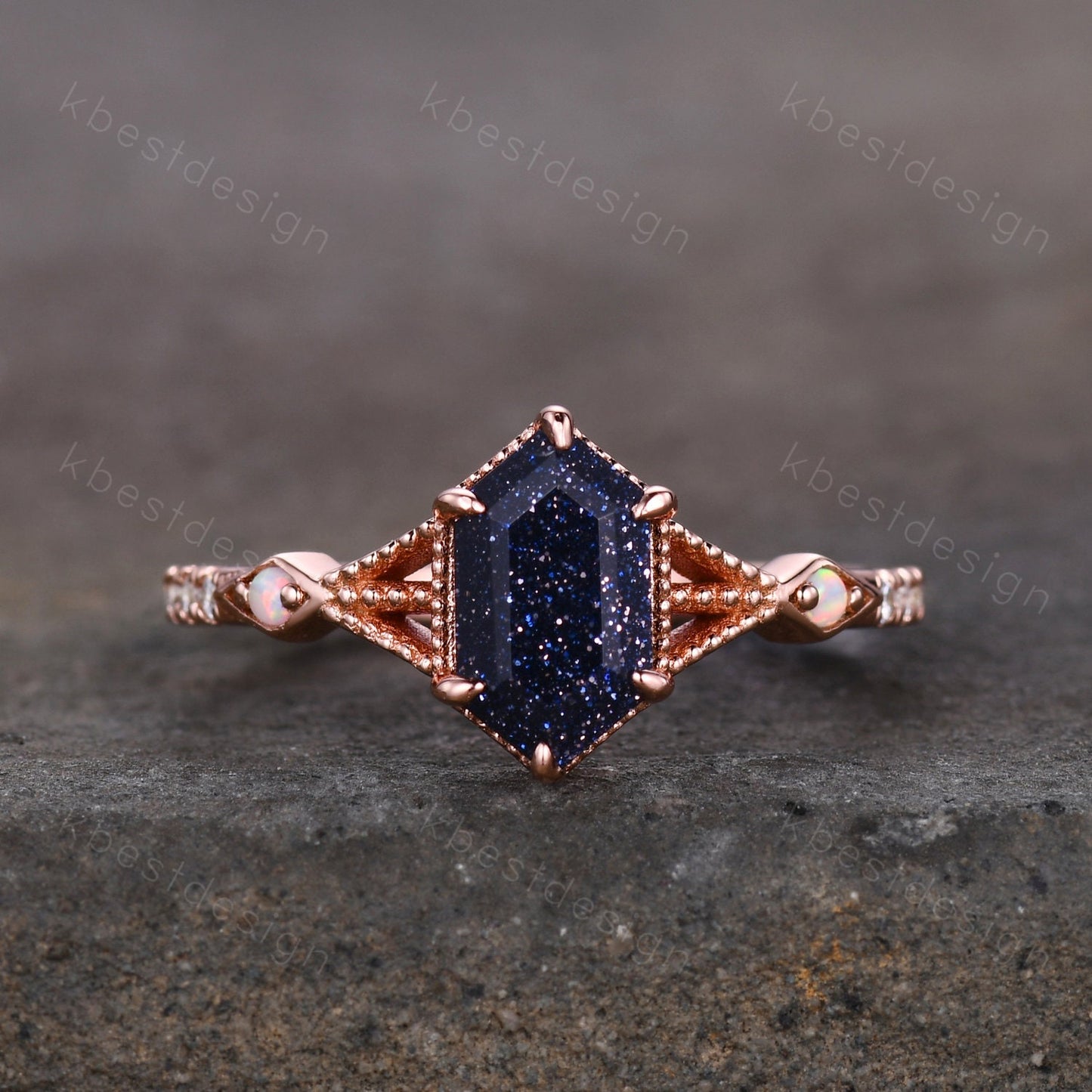 Elongated Hexagon cut Blue Sandstone Ring Art Deco Milgrain Opal Moissanite Wedding Ring Antique Multi Stone Engagement Ring Promise Ring