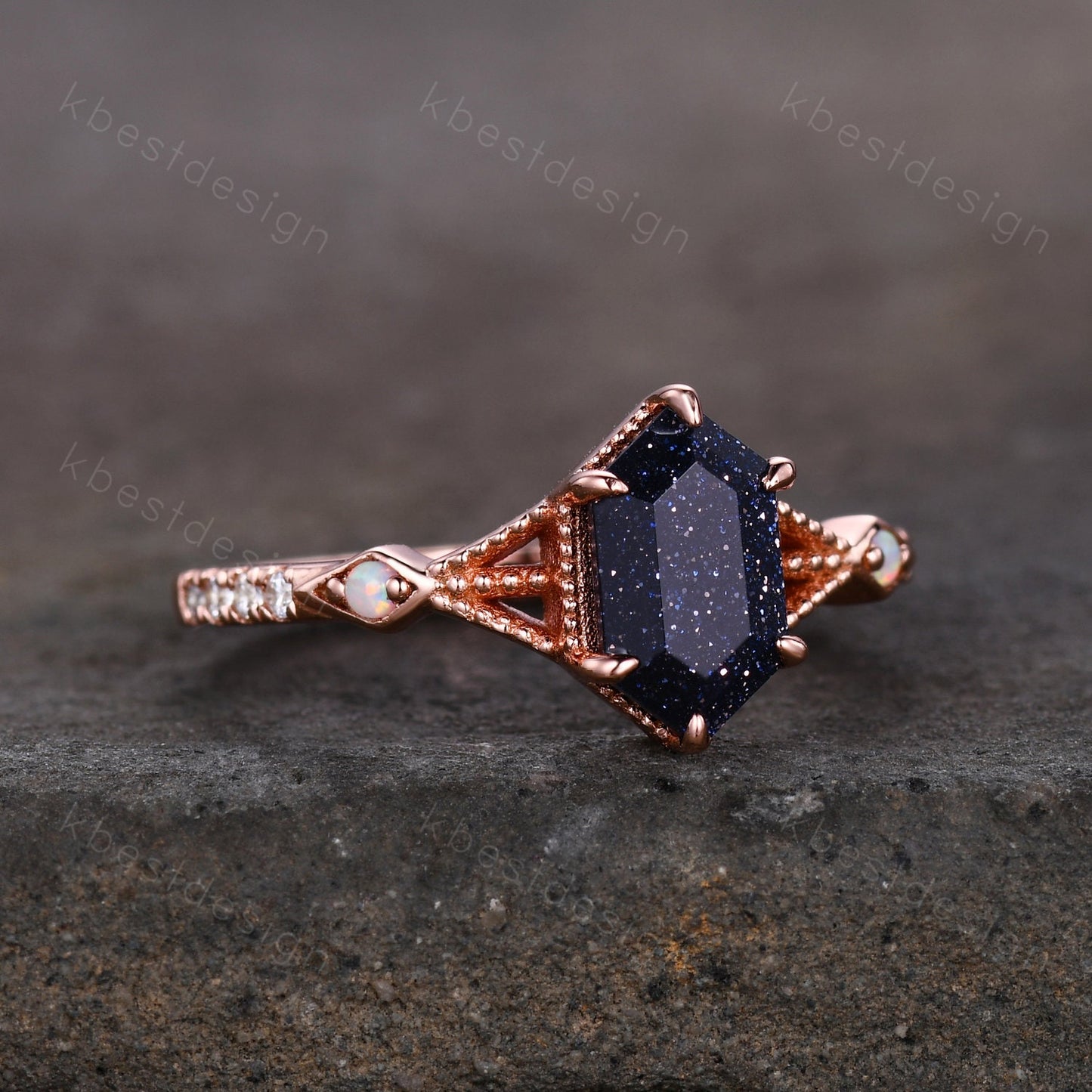Vintage Blue Sandstone Engagement Ring Rose Gold Antique Hexagon cut ring Bridal Opal Art deco Wedding Ring Anniversary ring