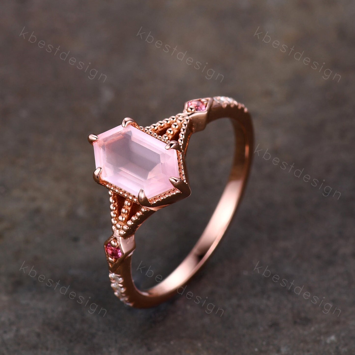 Retro Long hexagon Rose Quartz Ring Vintage Rose Gold Engagement Ring Unique Art Deco Pink Tourmaline Ring Antique Bridal Wedding Ring