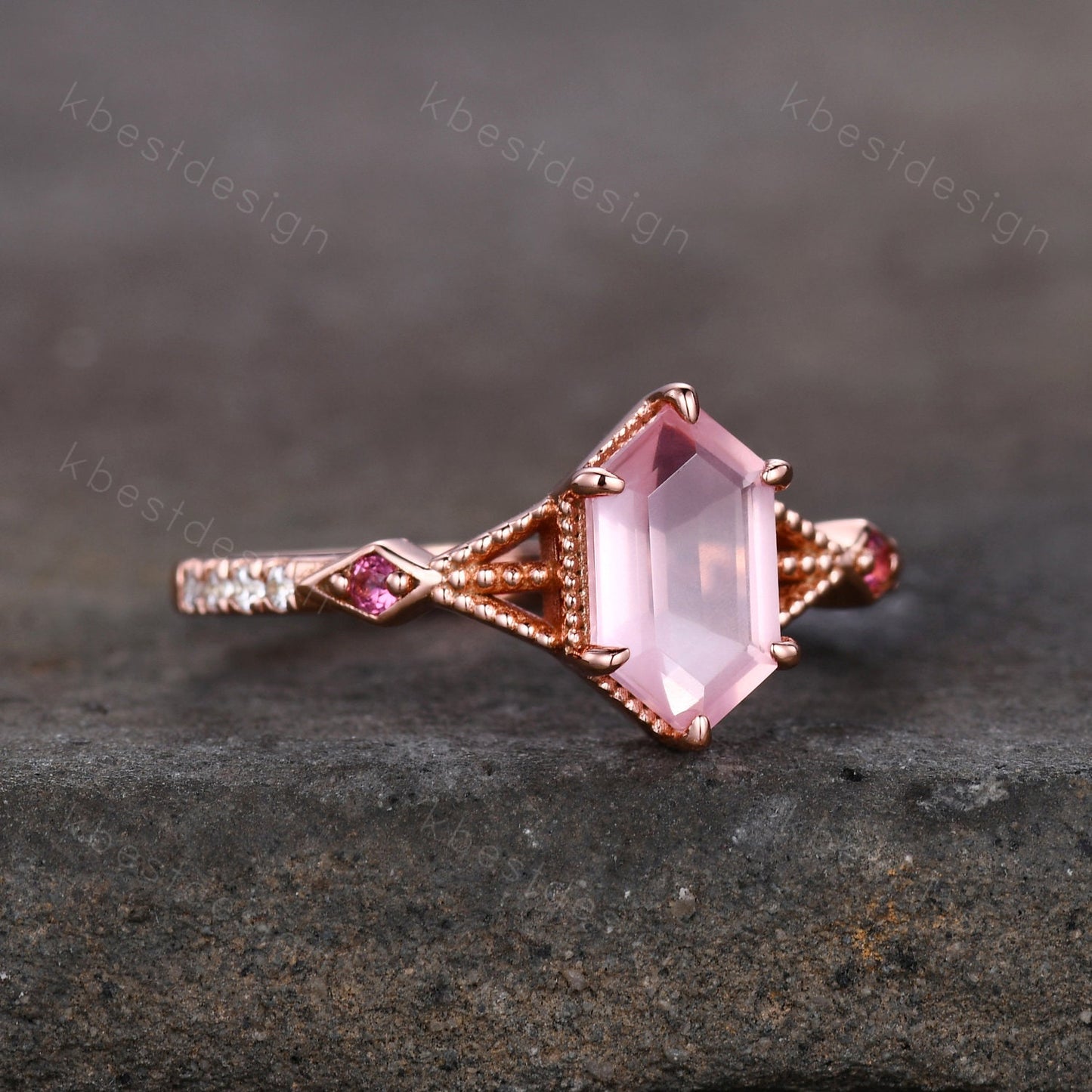 Retro Long hexagon Rose Quartz Ring Vintage Rose Gold Engagement Ring Unique Art Deco Pink Tourmaline Ring Antique Bridal Wedding Ring