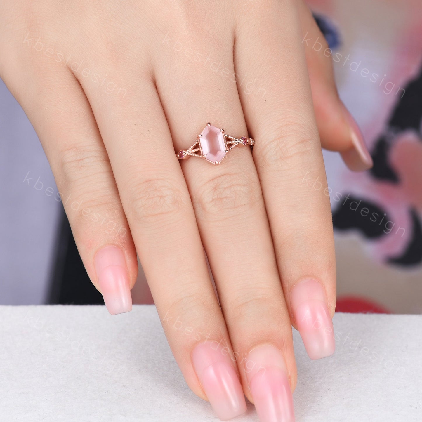 Retro Long hexagon Rose Quartz Ring Vintage Rose Gold Engagement Ring Unique Art Deco Pink Tourmaline Ring Antique Bridal Wedding Ring
