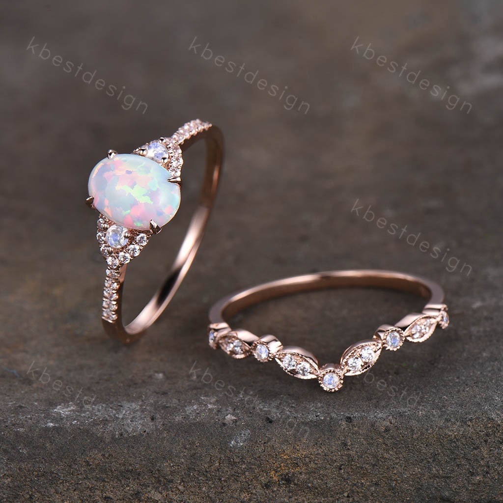 Vintage Opal Engagement Ring Set, Rose Gold Rings for Women, Opal Moonstone Wedding Ring Set, Art Deco Moissanite Band, Oval Cut Bridal Set