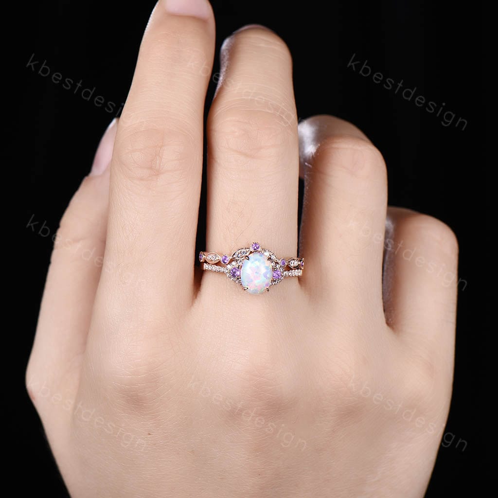 14K Rose Gold Opal Engagement Ring Set Vintage Oval Opal Amethyst Bridal Set Unique Curved Moissanite Wedding Ring Anniversary Promise Gift