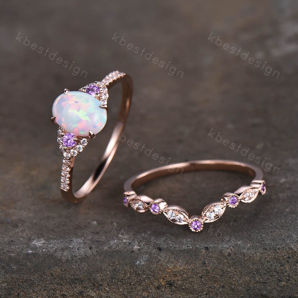 14K Rose Gold Opal Engagement Ring Set Vintage Oval Opal Amethyst Bridal Set Unique Curved Moissanite Wedding Ring Anniversary Promise Gift