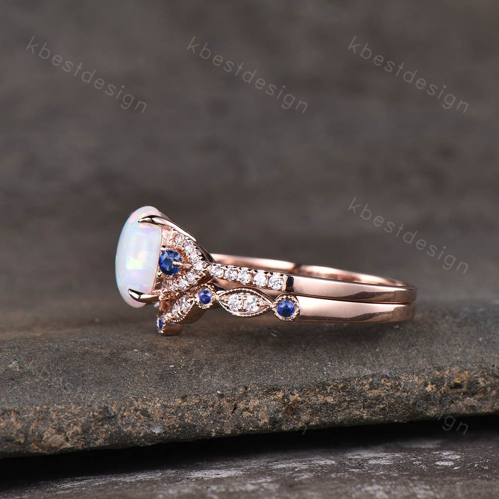 Oval Opal Engagement Ring set Rose gold Engagement Ring Vintage Unique Moissanite Ring Curved Sapphire Stacking Band Promise Ring Gift