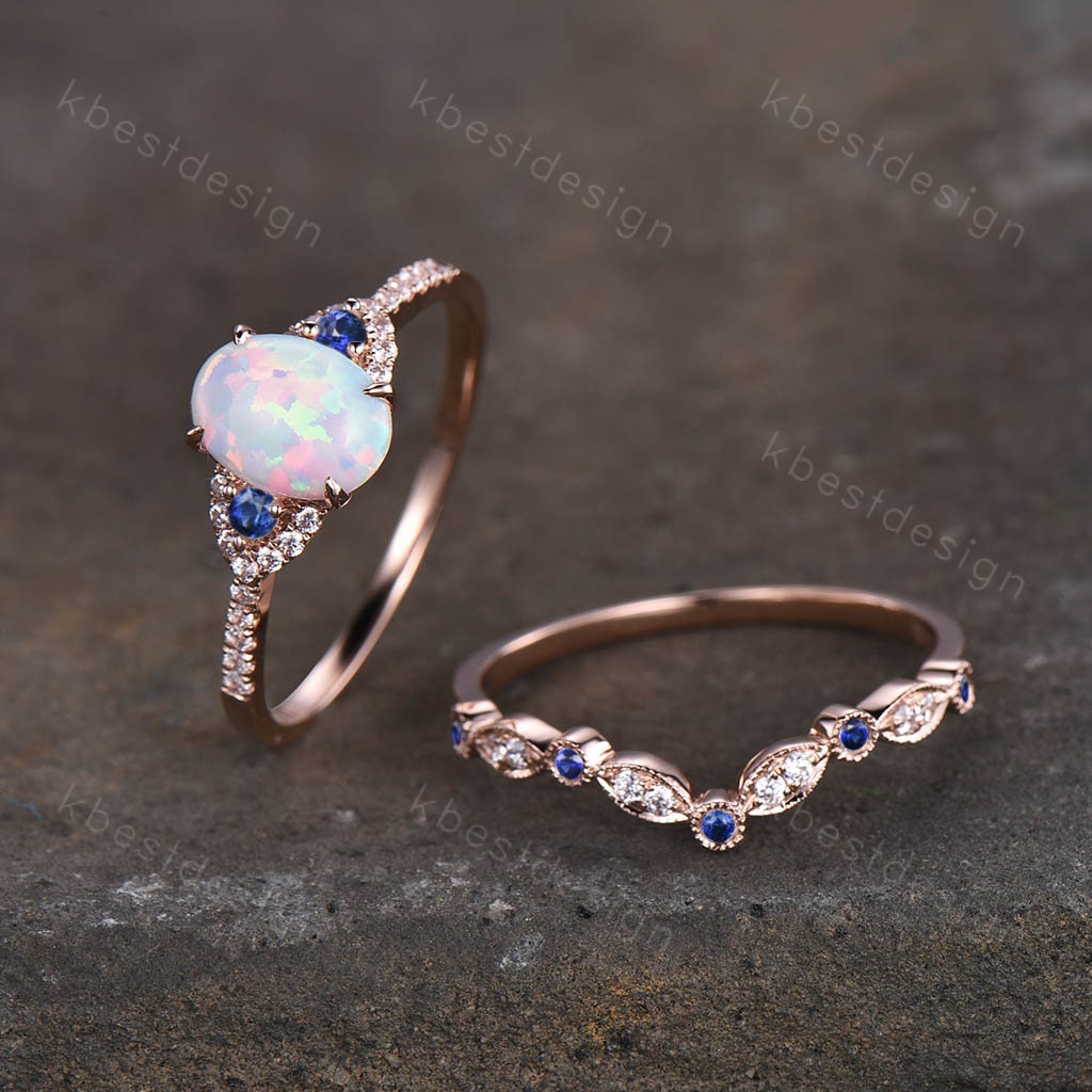 Oval Opal Engagement Ring set Rose gold Engagement Ring Vintage Unique Moissanite Ring Curved Sapphire Stacking Band Promise Ring Gift